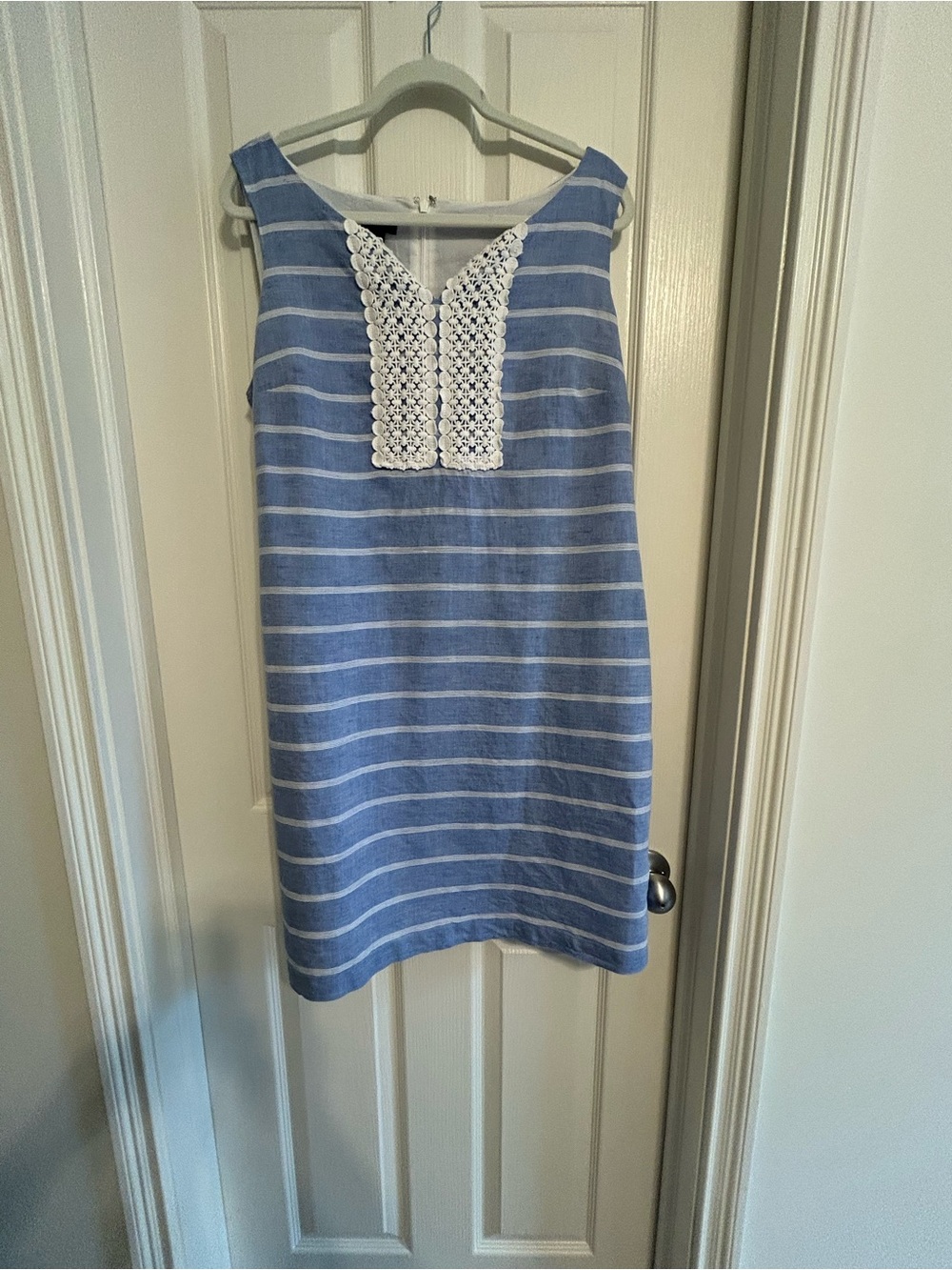 Talbots Blue and White Striped Sleeveless Linen Blend Dress with Lace Yoke